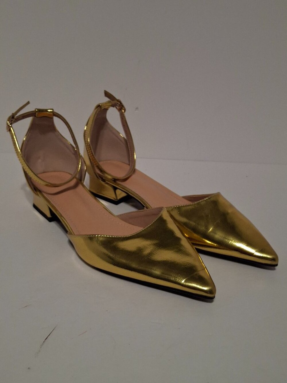SHEIN Gold Metallic Pointed Toe Ankle Strap Low Block Heel Pumps EU 43